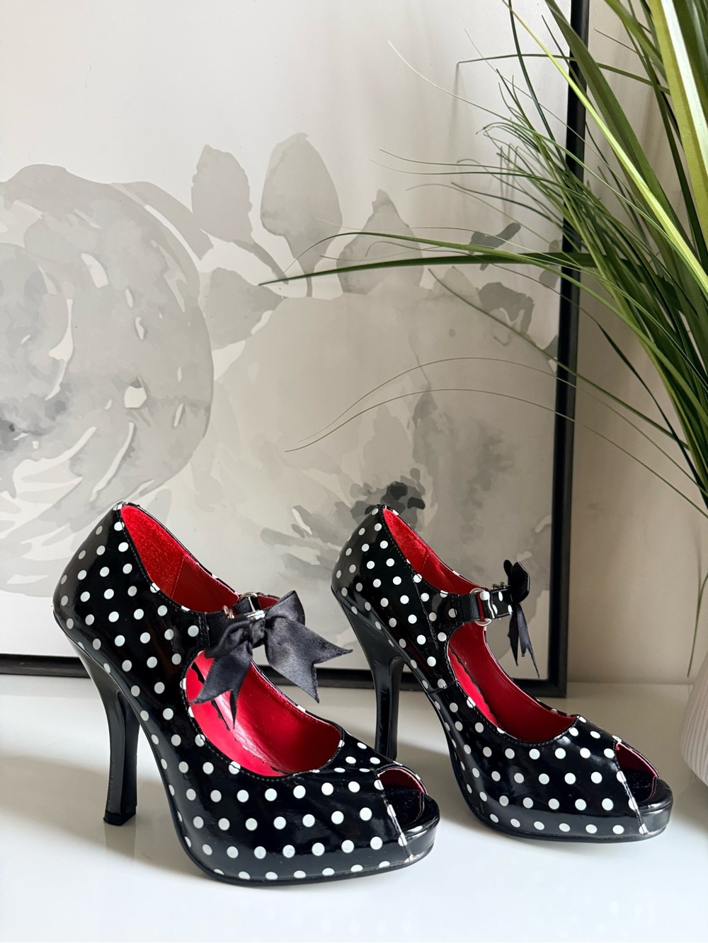 Black Pin Up Couture Polka Dot Peep-Toe Heels with Red Lining and Bow Size 6